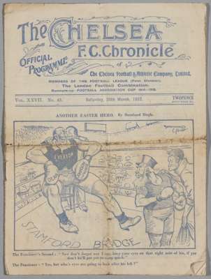 Chelsea team-signed programme for the Everton match played at Stamford Bridge, 26th March 1932,
 8 pages, bears wear throughout, horizontal and vertic