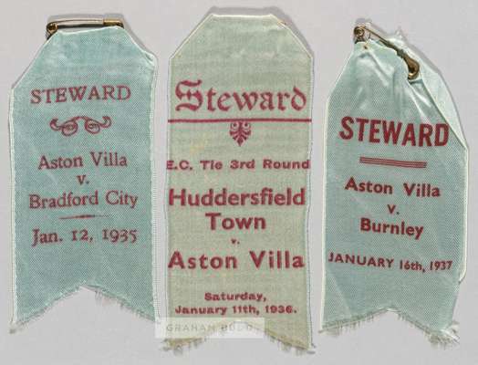 Three Aston Villa stewards' silk badges, 
 comprising v Bradford City, 12th January 1935; v Huddersfield Town 11th January 1936 in the E.C. tie third 