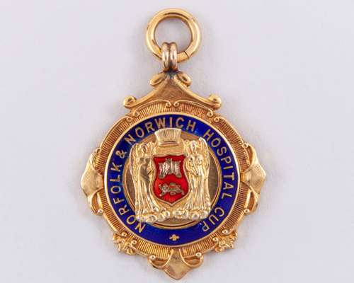 Willis Edwards 9ct gold and enamel Norfolk Norwich Hospital Cup medal, 1937-38