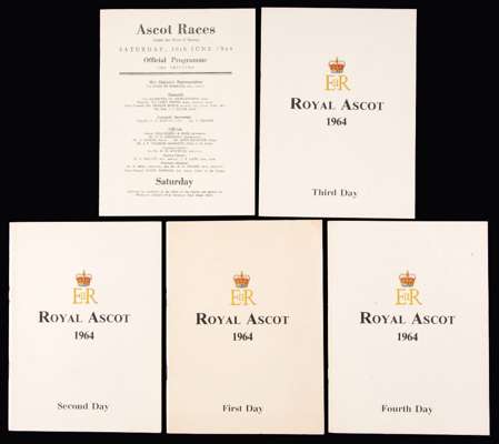 A rare full set of five 1964 Royal Ascot racecards, including the scarce issues for the abandoned third & fourth days due to a waterlogged course, the