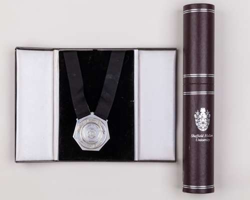 Dickie Bird Sheffield Hallam University Honorary Doctorate diploma and silver medal