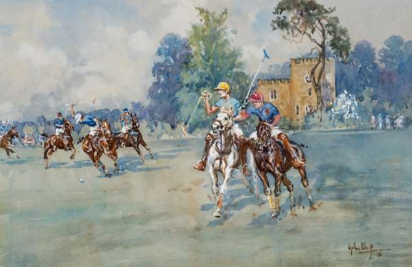 John Gregory King (1929-2014) POLO AT CIRENCESTER PARK Signed & dated '86, watercolour on paper, 35 by 52cm., gallery label to backboard, mounted, fra