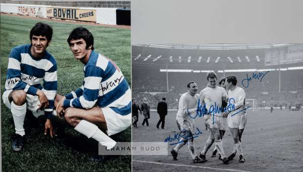 QPR 1967 Football League Cup Winners – Pair of Large 16”x12” signed display photographs: 

Rodney Marsh, Mark Lazarus and Ian Morgan triple signed ima