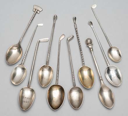 Ten various silver hallmarked golf prize spoons, dating from 1915 (all pre-WWII),
 all with finials modelled as golf clubs or golf balls, total silver