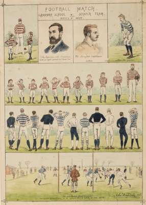 "Football Match Grammar School v Scratch Team" by John Drinsdale,
 coloured lithograph featuring a 'Boys v Men' various scenes of a football match, si