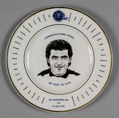 A group of 32 limited edition china plates commemorating Peter Shilton's 125 England caps,
 from edition of 500, each numbered, bearing artwork by Edd
