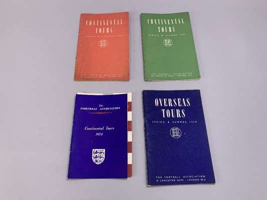 Four F.A. Overseas Spring & Summer Tour Booklets, 1948, 1949, 1950 & 1954, with match stat etc with menu card (5)