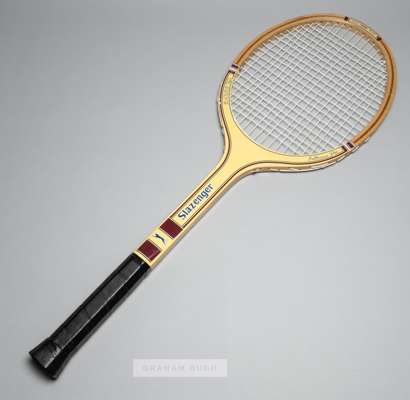 A large, oversize Slazenger's shop display tennis racquet "Guillermo Vilas",
 listing his major victories, US Masters 1974, US Open 1977, French Open 