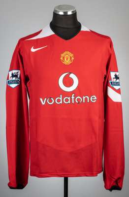 Wayne Rooney red Manchester United no.8 home jersey, season 2004-05,
 Nike, long-sleeved with BARCLAYS PREMIER LEAGUE sleeve badges, club crest and sp