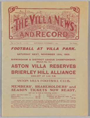 Aston Villa v. Bristol City home match programme, 6th November 1909 

 Programme with some slight tears to interior pages otherwise overall in fair/go