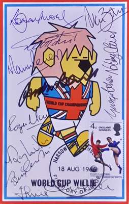 England 1966 World Cup Winners signed highly collectable Cameo Stamps World Cup Willie First Day Cover with the 4d England Winners stamp franked Harro