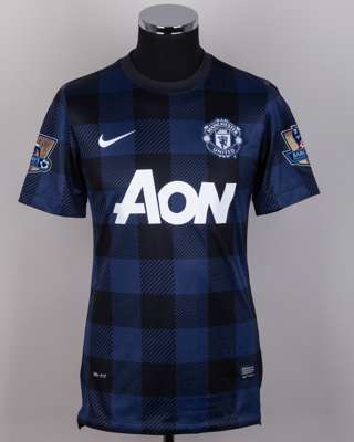 Patrice Evra blue and black No.3 Manchester United v. Stoke City short-sleeved shirt, 2014