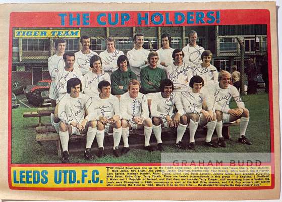 Leeds United signed Tiger magazine team picture,
 titled “The Cup Holders” autographed by the whole 18 man squad in shot, from back row, left to right