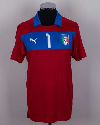 Gianluigi Buffon blue and red No.1 Italy v. Bulgaria match worn short-sleeved shirt, 2013