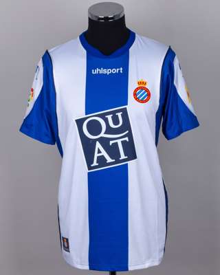 Albert Riera blue and white No.11 Espanyol v. Barcelona match worn short-sleeved shirt, 2007