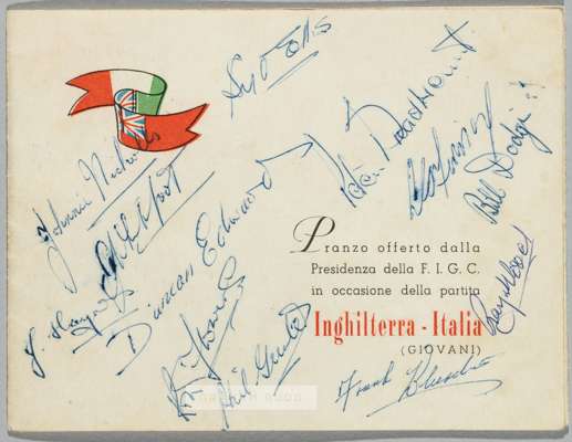 Grand Hotel Bologna menu card signed by footballers from the Italy v England international played in Bologna, 20th January 1954,
 signed on the front 