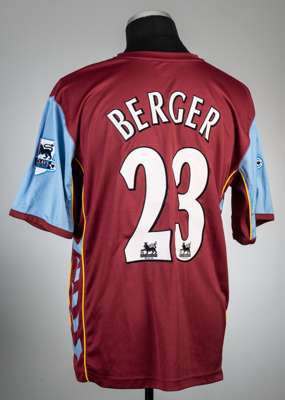 Patrik Berger claret and blue Aston Villa no.23 home jersey, season 2005-06,
 Hummel, short-sleeved with BARCLAYS PREMIERSHIP sleeve badges, club cres