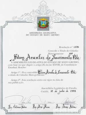 Ex-Pelé Collection: a framed certificate dated 14th June 1995