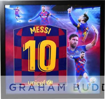 Lionel Messi signed and framed Barcelona 2019-20 home retro shirt, 
 frame measures 33 x 33in. and comes complete with COA, please note "frontage of f