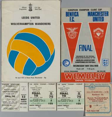 Beneficia v. Manchester United 1968 European Cup final match programme, 29th May 1968, 
 ticket stub, two F.A. Cup final ticket stubs, 26th April 1969