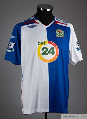 Tudgay blue and white No.5 Blackburn Rovers short sleeved shirt, 2006-7, 
 Umbro, M, with v-neck collar and embroidered badge inscribed BLACKBURN ROVE