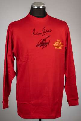 Geoff Hurst & Martin Peters signed red 50th anniversary 1966 England World Cup Winners commemorative jersey,
 long-sleeved embroidered 1966 ENGLAND WO