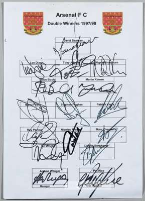 Team sheet signed by Arsenal's double-winning team of 1997-98,
 signed by 16 squad members including Seaman, Dixon, Adams, Winterburn, Bould, Keown, P