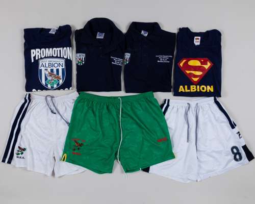 A collection of various autographed t-shirts pair of green Wembley 1993 shorts