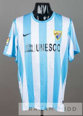 Julio Baptista blue and white striped Malaga C.F. no.19 home jersey, season 2011-12,
 short-sleeved with LFP sleeve badge, club crest and sponsor logo