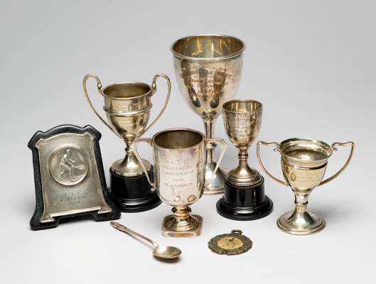 Eight silver and silver-plated tennis trophies and awards, 
 comprising KIDDERMINISTER & DISTRICT TENNIS LEAGUE OPEN TOURNAMENT 1932 GENTS SINGLES, si