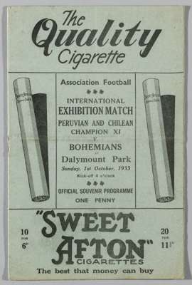 Republic of Ireland Bohemians exhibition programme v Peruvian & Chilean Champion XI, played at Dalymount Park, 1st October 1933,
 12-page programme, g