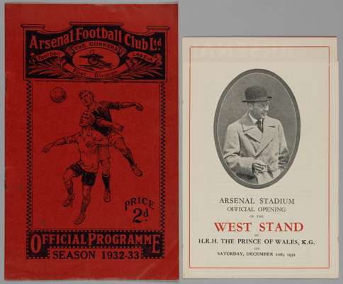 Arsenal v. Chelsea, Opening of West Stand match programme, 10th December 1932, 
 with white fold out leaflet commemorating the stand opening by H.R.H.