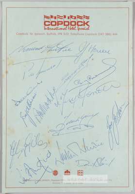 Leeds United signed Copdock international hotel letterhead v Ipswich Town, played at Portman Road, 12th October 1974,
 signed in blue ink by 15 squad 