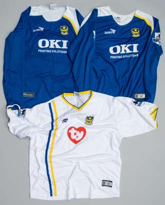 Three Portsmouth football jerseys, season's 2004-05 and 2005-06, 
 comprising David Unsworth white no.4 third choice jersey, season 2004-05, Pompey Sp