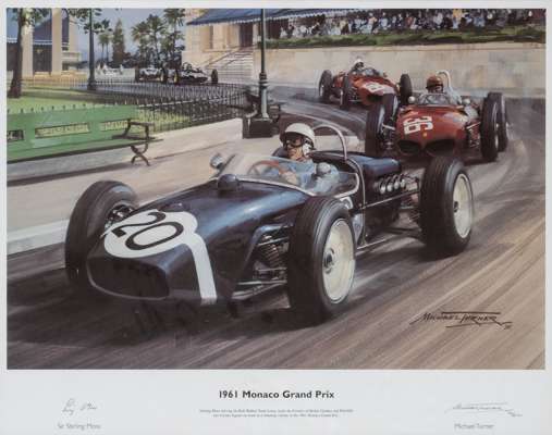 Stirling Moss signed "1961 Monaco Grand Prix" limited edition print by Michael Turner,
 depicting Stirling Moss in the No.20 Lotus leading the Ferrari