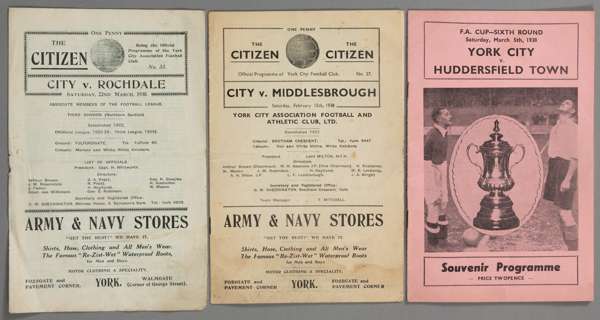 Three York City 1930s home programmes,
 v Rochdale 22nd March 1930 (F.L. Division Three North), Middlesbrough 12th February 1938 (FAC5) and Huddersfie