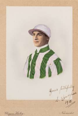 Three horse racing jockey portraits, 
 comprising Stephen Donaghue signed colour portrait, mounted, glazed and framed, overall 27 by 22cm.; another po