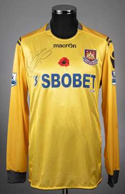 Rob Green yellow No.1 West Ham United v. Blackpool goalkeepers jersey, 2010-11, 
 Macron, XL, with crew-neck collar and embroidered cloth badge inscri