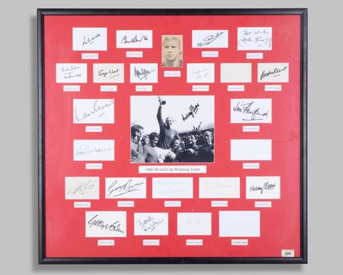 A collection of 1966 World Cup player autographs display