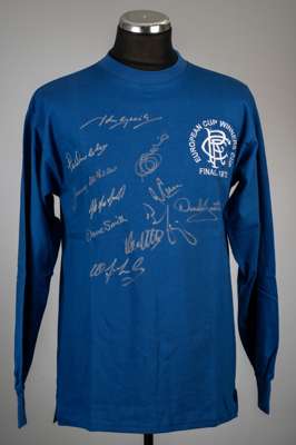 Rangers team signed blue 1972 European Cup Winners Cup final retro jersey,
 Score Draw, long-sleeved with club crest and embroidered EUROPEAN CUP WINN