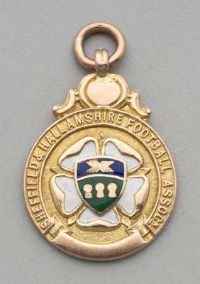 Huddersfield Town 9ct gold medal for Sheffield & Hallamshire Football Association awarded to W Pickering, 
 with crest blue, green and white enamel, r