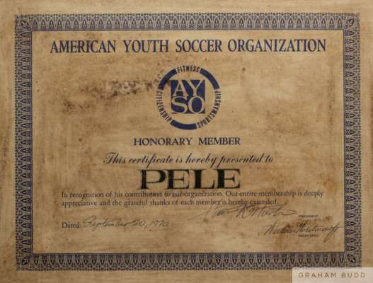 A framed certificate presented to Pelé on September 20, 1970, by the American Youth Soccer Organization (AYSO)
 declaring him an Honorary Member for h