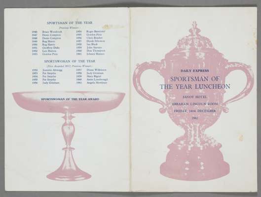 1962 SPORSTSMAN OF THE YEAR AUTOGRAPHED MENU INC: MARY RAND, BRIAN PHELPS, TERRY DOWNS, JOHNNY HAYNES, DON TOMPSON ETC  

Menu from the 1962 Daily Exp