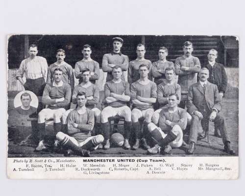 A Manchester United team line-up postcard, by Scott