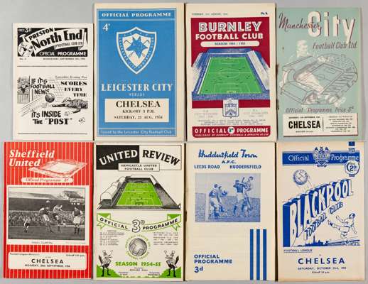 Chelsea complete set of 21 League and two FA Cup away programmes for their first Division One title season 1954-55,
 include v Leicester City, v Burnl