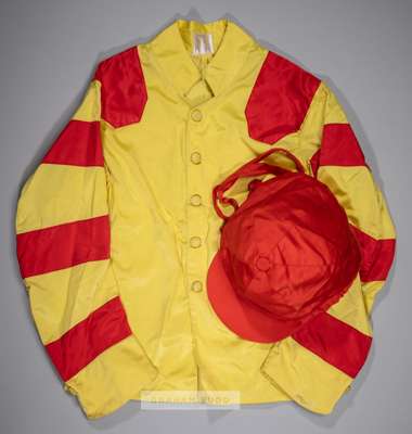 Danish Flight race winning silks from the Arkle Challenge Trophy at Cheltenham on 15th March 1988,
 in the colours of A.F Budge (Equine) Ltd, yellow s