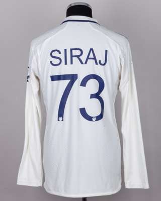M Siraj white and navy No.73 India v. England match worn, autographed Red For Ruth shirt