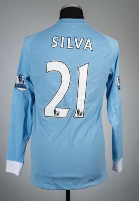 David Silva blue Manchester City no.21 home jersey, season 2010-11,
 Umbro, long-sleeved with BARCLAY PREMIER LEAGUE sleeve badges, club crest and spo