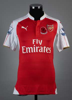 Laurent Koscielny red and white No.6 Arsenal v. Tottenham match worn short-sleeved jersey, 2015-16, 
 Puma, L, with button-up collar and printed badge