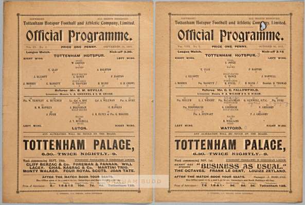 Two Tottenham Hotspur wartime match programmes v Watford and v Luton,
 comprising v Watford 30th October 1915 and v Luton 16th September 1916, each si